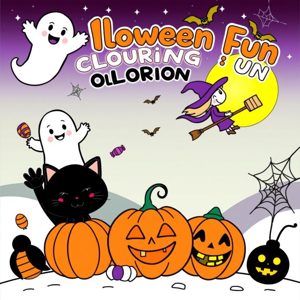 A playful and fun Halloween-themed coloring book cover for children, featuring a cheerful scene with adorable cartoon characters