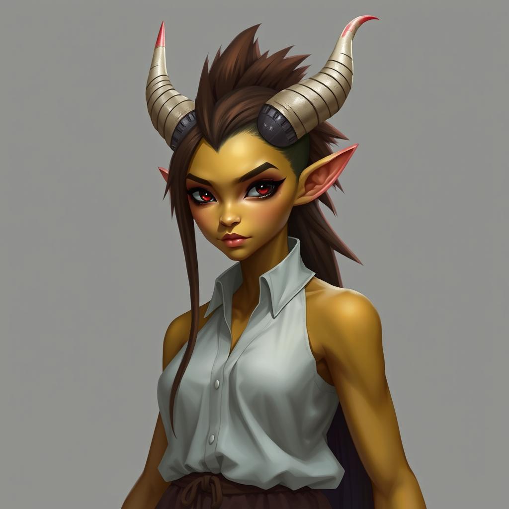 fantasy character of a female tiefling with yellow skin and small narrow all black eyes