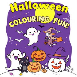 A playful and fun Halloween-themed coloring book cover for children, featuring a cheerful scene with adorable cartoon characters