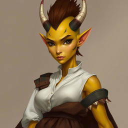 fantasy character of a female tiefling with yellow skin and small narrow all black eyes