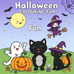 A playful and fun Halloween-themed coloring book cover for children, featuring a cheerful scene with adorable cartoon characters