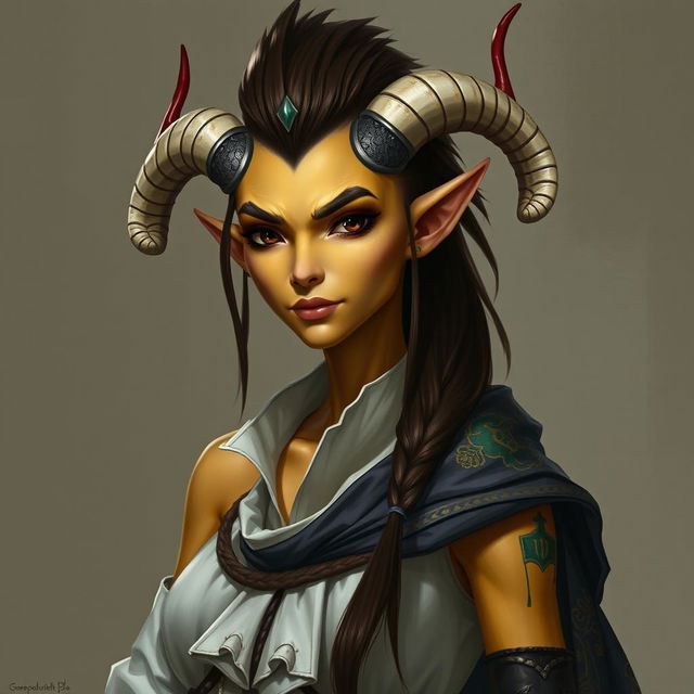 fantasy character of a female tiefling with yellow skin and small narrow all black eyes