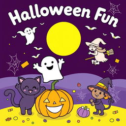 A playful and fun Halloween-themed coloring book cover for children, featuring a cheerful scene with adorable cartoon characters