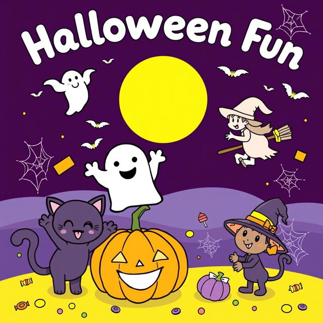 A playful and fun Halloween-themed coloring book cover for children, featuring a cheerful scene with adorable cartoon characters