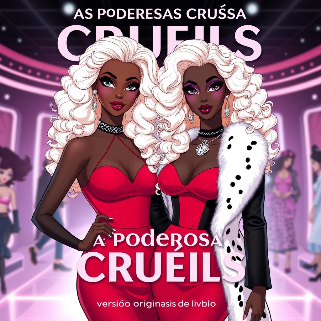 A Netflix book poster titled "As Poderosas Cruéis" with the subtitle "versão original do livro" featuring two characters inspired by Barbie dream besties and Cruella De Vil, both with black skin tones, similar to Princess Tiana