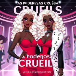 A Netflix book poster titled "As Poderosas Cruéis" with the subtitle "versão original do livro" featuring two characters inspired by Barbie dream besties and Cruella De Vil, both with black skin tones, similar to Princess Tiana