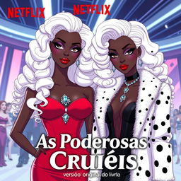 A Netflix book poster titled "As Poderosas Cruéis" with the subtitle "versão original do livro" featuring two characters inspired by Barbie dream besties and Cruella De Vil, both with black skin tones, similar to Princess Tiana