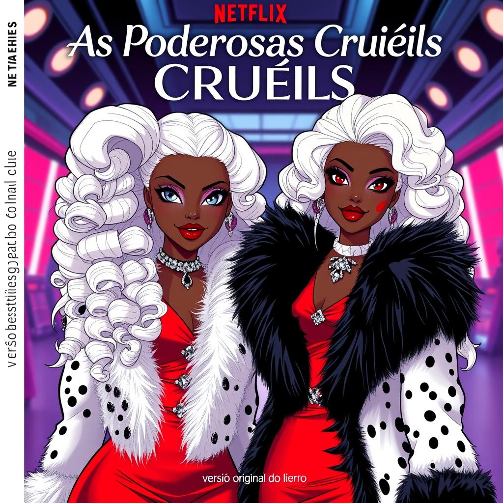 A Netflix book poster titled "As Poderosas Cruéis" with the subtitle "versão original do livro" featuring two characters inspired by Barbie dream besties and Cruella De Vil, both with black skin tones, similar to Princess Tiana