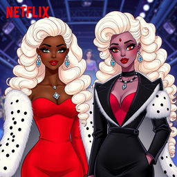 A Netflix book poster titled "As Poderosas Cruéis" with the subtitle "versão original do livro" featuring two characters inspired by Barbie dream besties and Cruella De Vil, both with black skin tones, similar to Princess Tiana