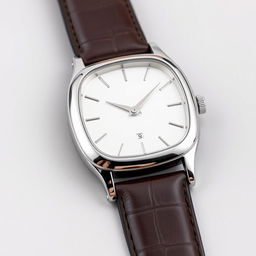 A wristwatch featuring a rounded rectangular case made of polished metal, complemented with a luxurious leather strap