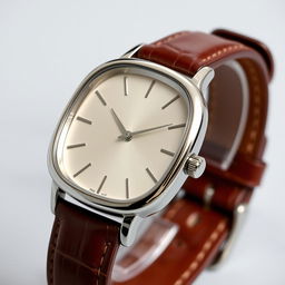 A wristwatch featuring a rounded rectangular case made of polished metal, complemented with a luxurious leather strap