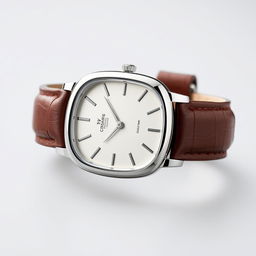 A wristwatch featuring a rounded rectangular case made of polished metal, complemented with a luxurious leather strap