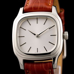 A wristwatch featuring a rounded rectangular case made of polished metal, complemented with a luxurious leather strap