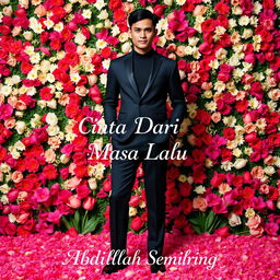 A tall, striking Indonesian handsome man standing confidently in a sleek black outfit