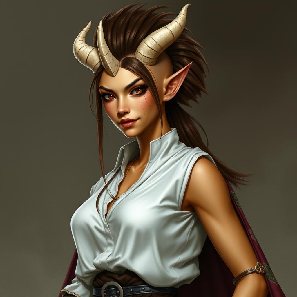 A female tiefling Dungeons and Dragons fantasy character with yellow skin and a natural look