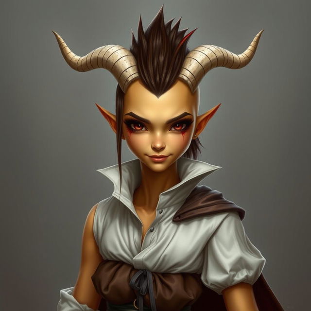 A female tiefling Dungeons and Dragons fantasy character with yellow skin and a natural look