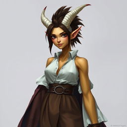 A female tiefling Dungeons and Dragons fantasy character with yellow skin and a natural look