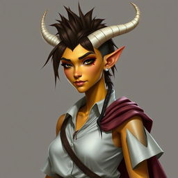 A female tiefling Dungeons and Dragons fantasy character with yellow skin and a natural look