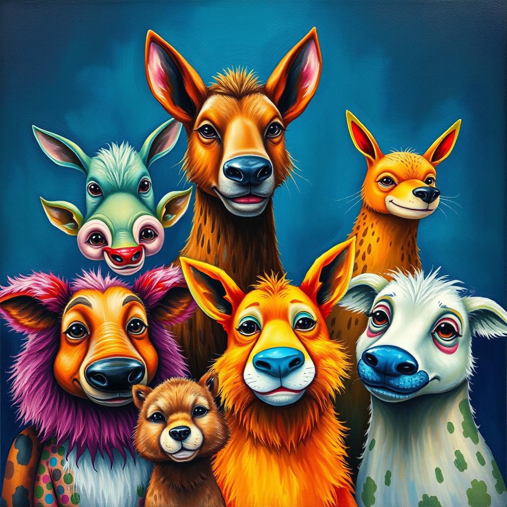 An expressive and individualistic portrayal of animals showcasing their unique personalities