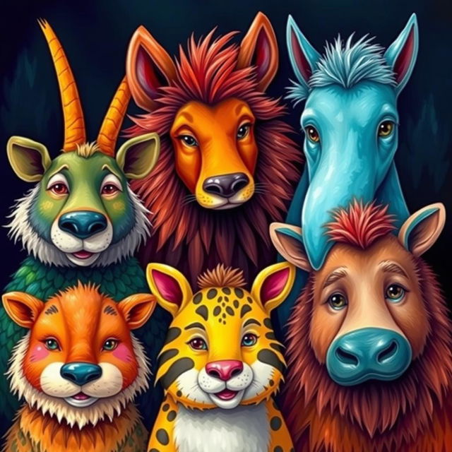 An expressive and individualistic portrayal of animals showcasing their unique personalities