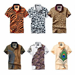 Fashionable and unique animal print polo shirts, each shirt featuring a distinct animal design that emphasizes individuality and style