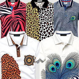 Fashionable and unique animal print polo shirts, each shirt featuring a distinct animal design that emphasizes individuality and style