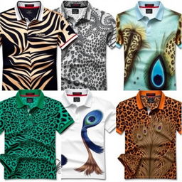 Fashionable and unique animal print polo shirts, each shirt featuring a distinct animal design that emphasizes individuality and style