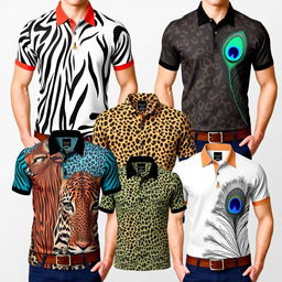 Fashionable and unique animal print polo shirts, each shirt featuring a distinct animal design that emphasizes individuality and style