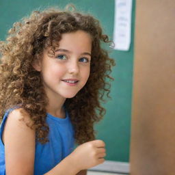 A girl with curly brown hair and bright blue eyes is passionately writing on a school board