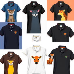 A collection of individually designed animal-themed polo shirts, each one featuring a unique and creative animal illustration