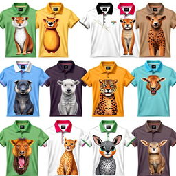 A collection of individually designed animal-themed polo shirts, each one featuring a unique and creative animal illustration