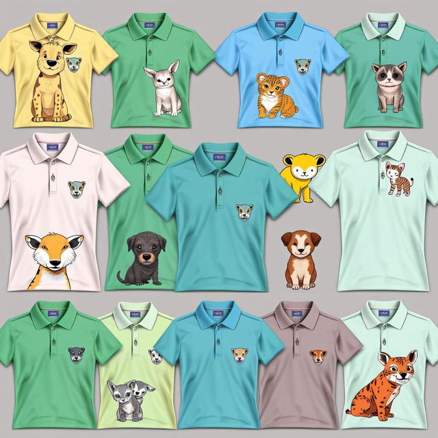 A collection of individually designed animal-themed polo shirts, each one featuring a unique and creative animal illustration