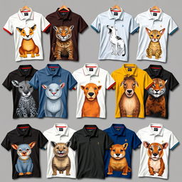 A collection of individually designed animal-themed polo shirts, each one featuring a unique and creative animal illustration