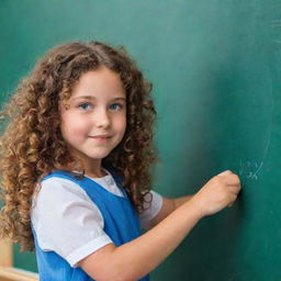 A girl with curly brown hair and bright blue eyes is passionately writing on a school board