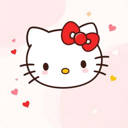 A cute and stylish Hello Kitty design featuring her iconic red bow and simplistic facial features, set against a playful pastel-colored background with a mix of pinks and soft blues