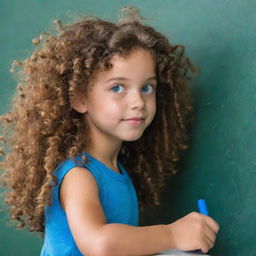 A girl with curly brown hair and bright blue eyes is passionately writing on a school board