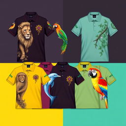 A collection of polo shirts adorned with intricate and vibrant animal designs