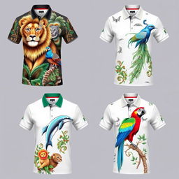 A collection of polo shirts adorned with intricate and vibrant animal designs