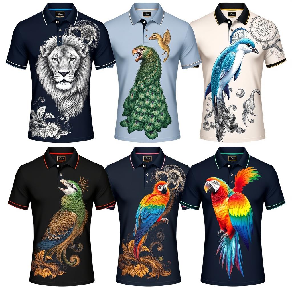 A collection of polo shirts adorned with intricate and vibrant animal designs