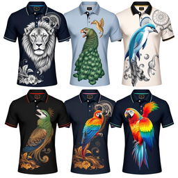 A collection of polo shirts adorned with intricate and vibrant animal designs