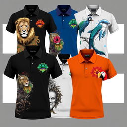 A collection of polo shirts adorned with intricate and vibrant animal designs