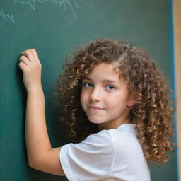 A girl with curly brown hair and bright blue eyes is passionately writing on a school board