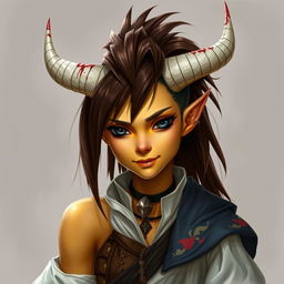 A female tiefling Dungeons and Dragons fantasy character with yellow skin and a natural look