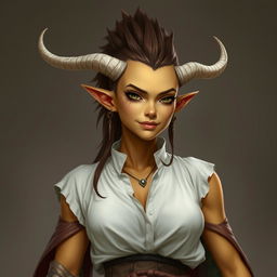 A female tiefling Dungeons and Dragons fantasy character with yellow skin and a natural look