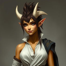 A female tiefling Dungeons and Dragons fantasy character with yellow skin and a natural look