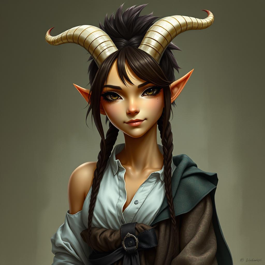 A female tiefling Dungeons and Dragons fantasy character with yellow skin and a natural look