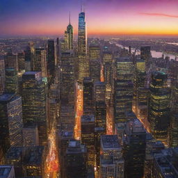 A bustling cityscape at sunset with vibrant colors reflecting off the shimmering skyscrapers