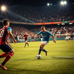 A vivid and dynamic image of a soccer match in action, capturing the intensity and excitement of the game