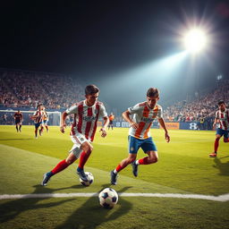 A vivid and dynamic image of a soccer match in action, capturing the intensity and excitement of the game