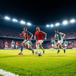 A vivid and dynamic image of a soccer match in action, capturing the intensity and excitement of the game